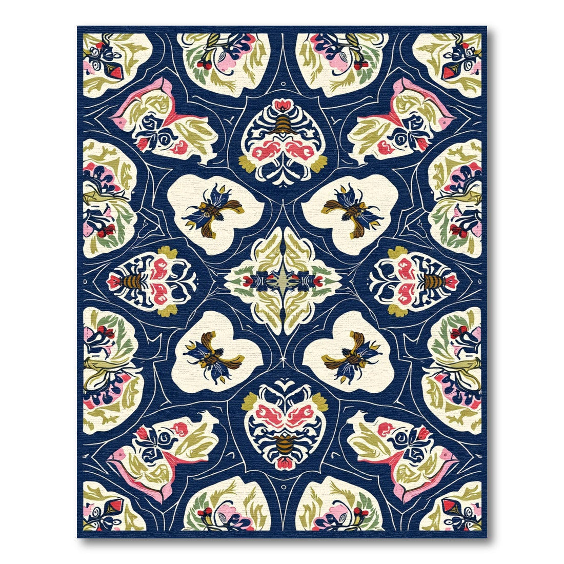 Deep Blue Floral Bee Medallion Rug