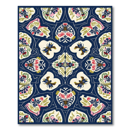 Deep Blue Floral Bee Medallion Rug