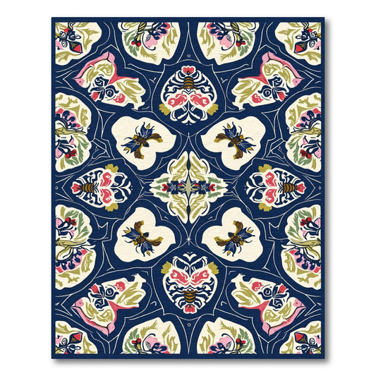 Deep Blue Floral Bee Medallion Rug