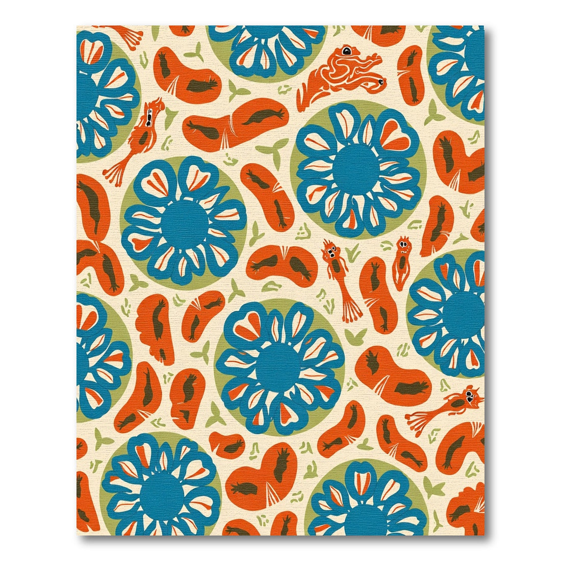 Whimsical Orange Blue Folk Art Rug
