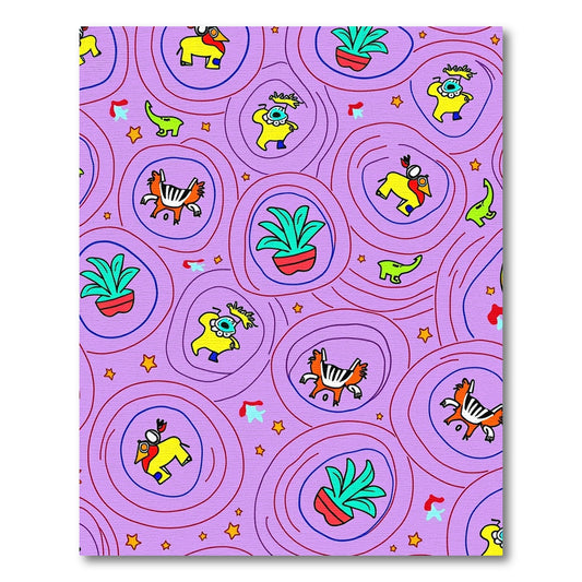 Whimsical Violet Cartoon Creatures Plants Rug