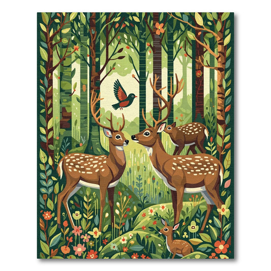Whimsical Forest Deer and Bird Scene Rug