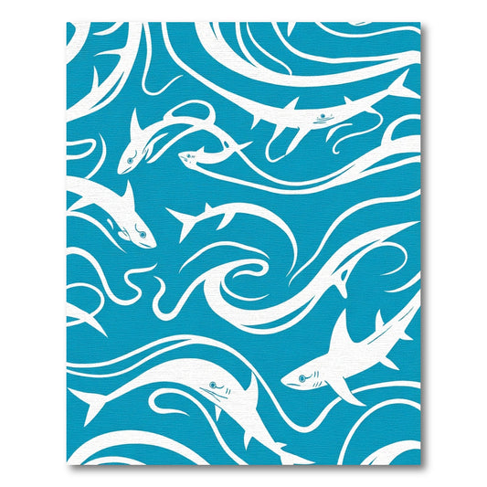 White Sharks Whirling Blue Waters Rug