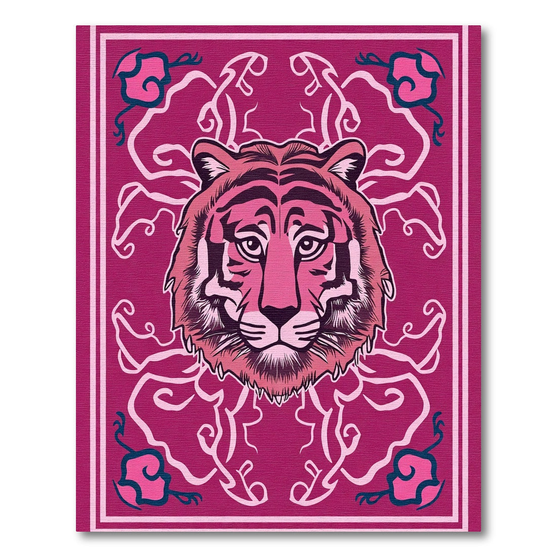 Vibrant Pink Tiger Head Floral Swirls Rug