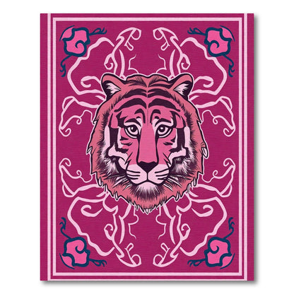 Vibrant Pink Tiger Head Floral Swirls Rug