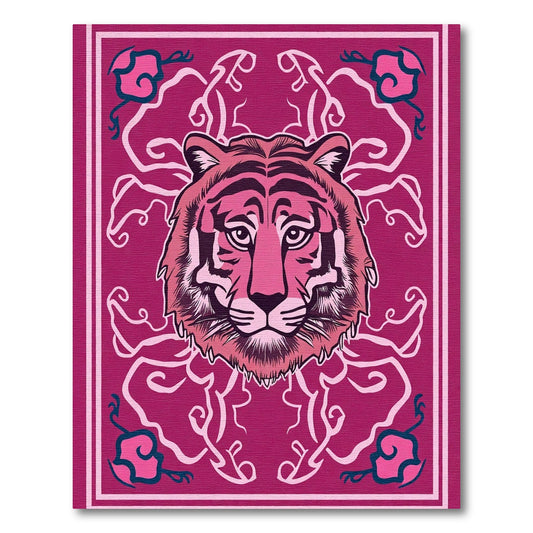 Vibrant Pink Tiger Head Floral Swirls Rug
