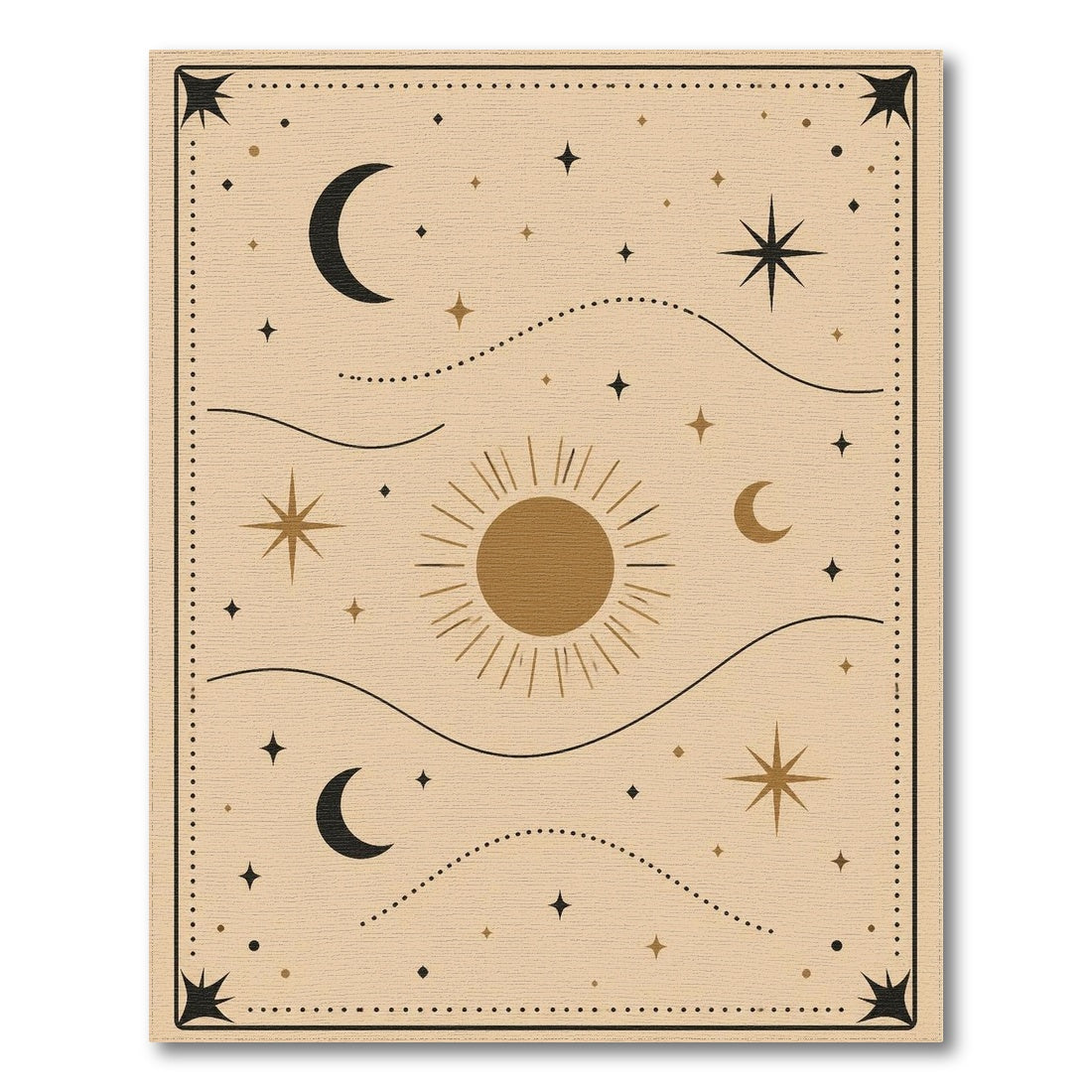 Boho Celestial Beige Area Rug with Sun and Moons