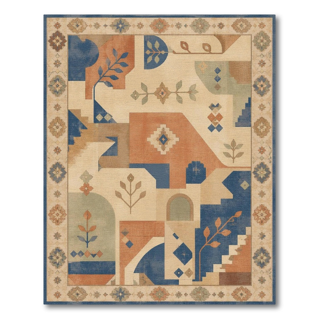 Southwestern Geometric Area Rug with Leaf Accents