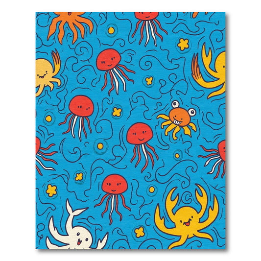 Playful Ocean Life Jellyfish Crab Swirls Rug