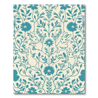 Coastal Blue Whimsical Bunny Floral Rug