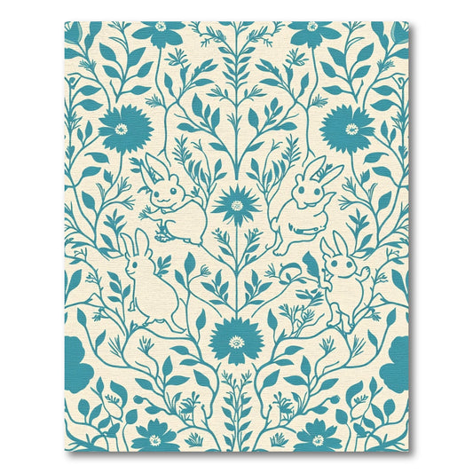 Coastal Blue Whimsical Bunny Floral Rug
