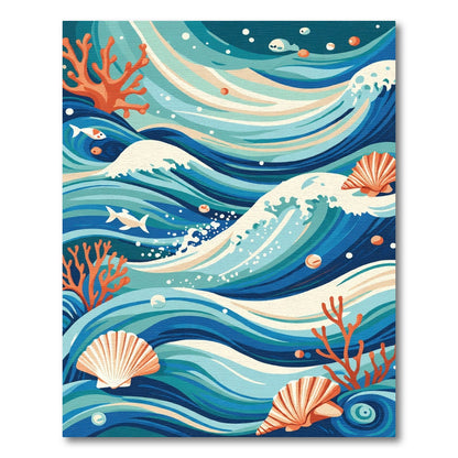 Oceanic Blue Wave Coral Seashell Scene Rug
