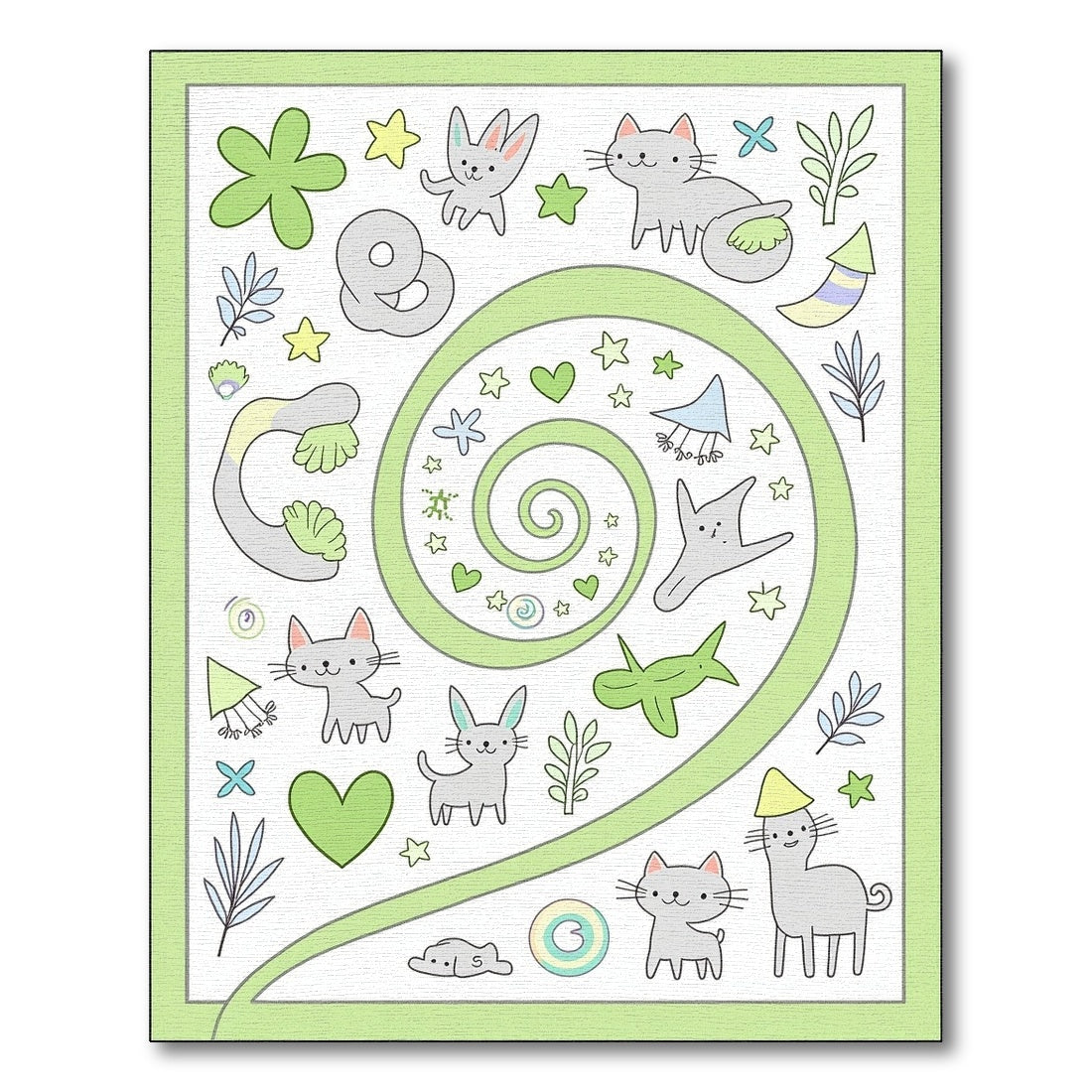 Whimsical Gray Cat and Bunny Swirl Rug