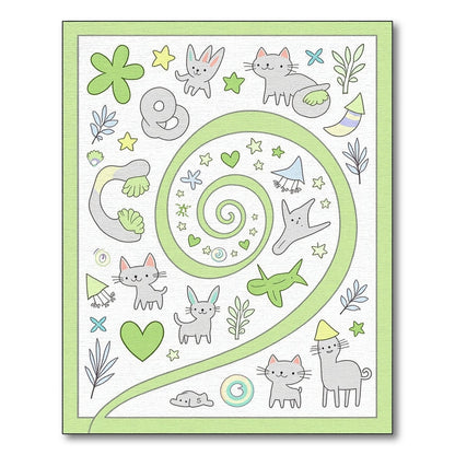 Whimsical Gray Cat and Bunny Swirl Rug