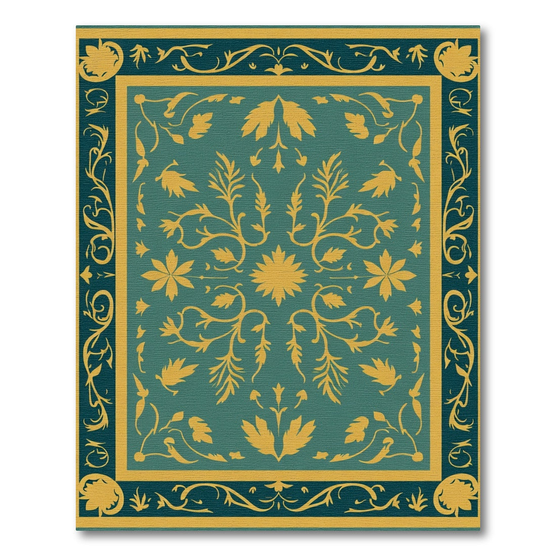 Teal Gold Floral Border Medallion Rug