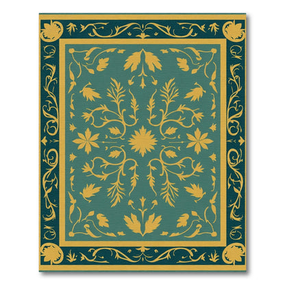 Teal Gold Floral Border Medallion Rug