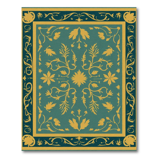 Teal Gold Floral Border Medallion Rug