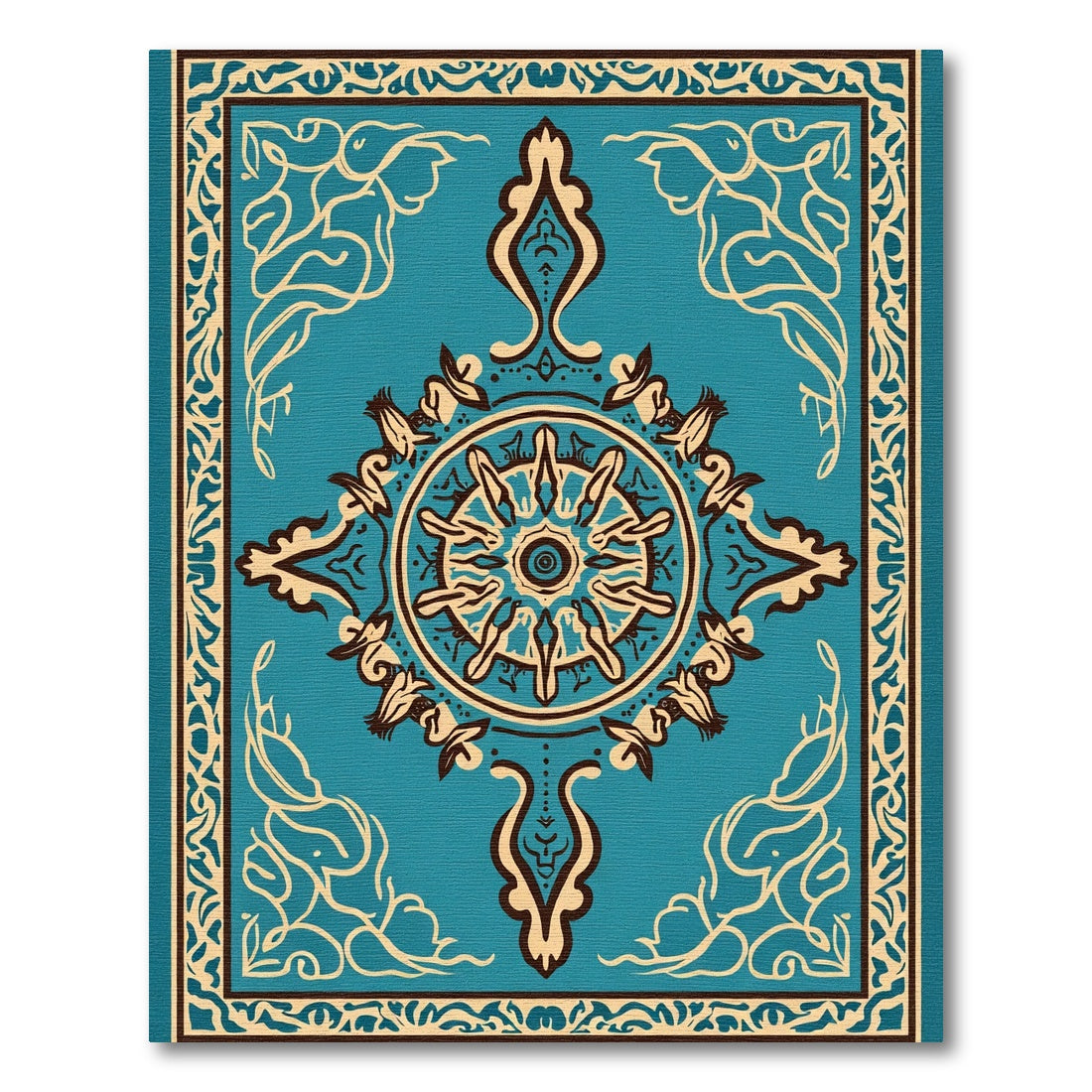 Turquoise Ivory Intricate Medallion Border Rug