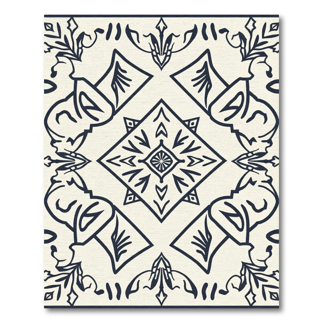 Cream and Navy Floral Diamond Medallion Rug