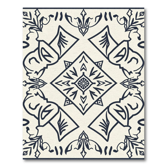 Cream and Navy Floral Diamond Medallion Rug