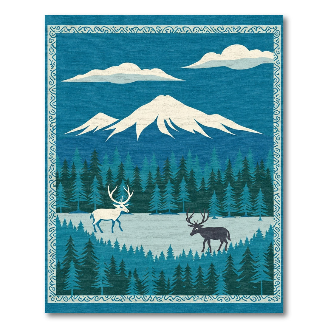 Winter Forest Deer Mountain Scene Rug