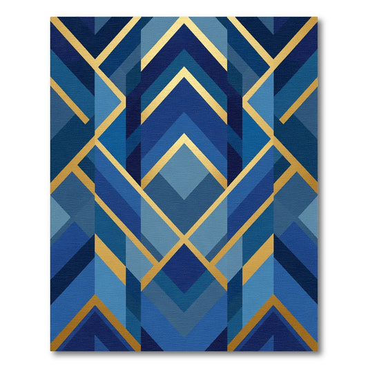 Art Deco Blue Geometric Gold Accents Rug