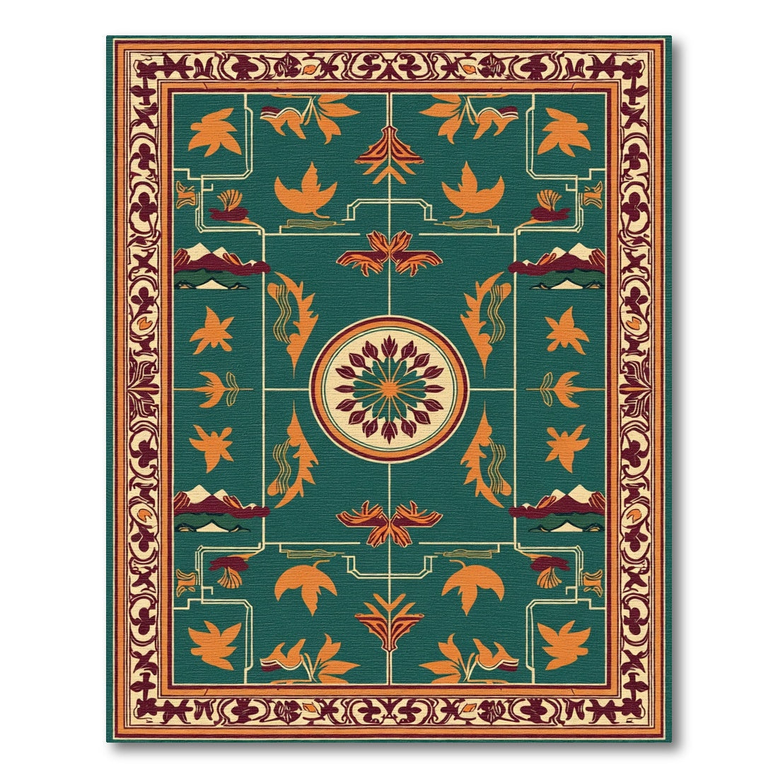 Deep Teal Orange Floral Medallion Mountains Rug