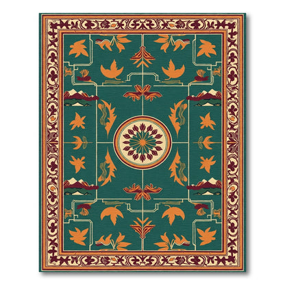 Deep Teal Orange Floral Medallion Mountains Rug