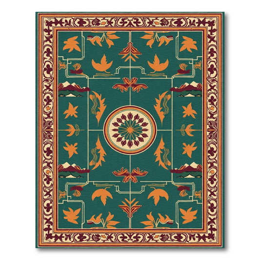 Deep Teal Orange Floral Medallion Mountains Rug