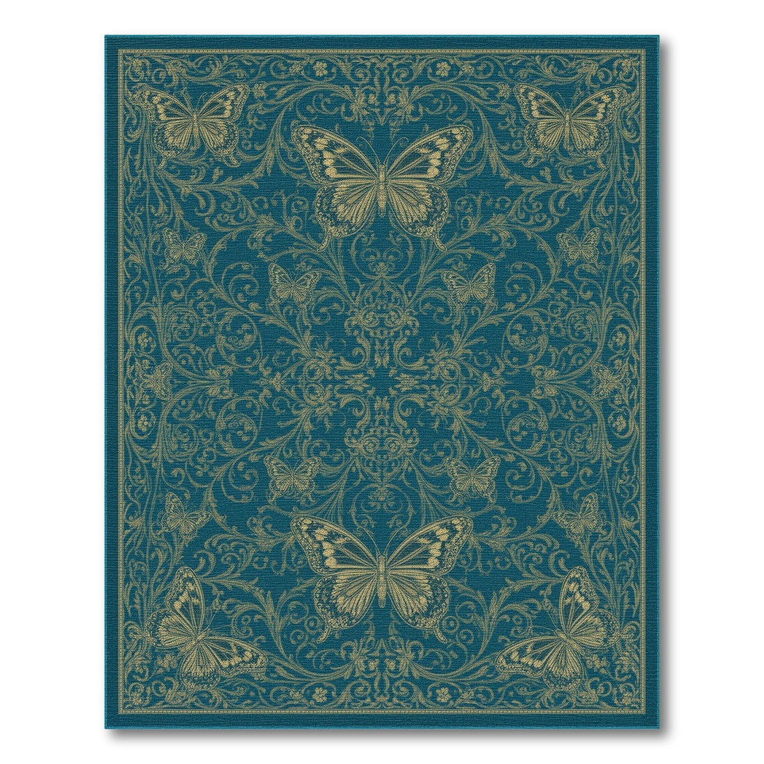 Blue and Teal Gold Butterfly Floral Area Rug