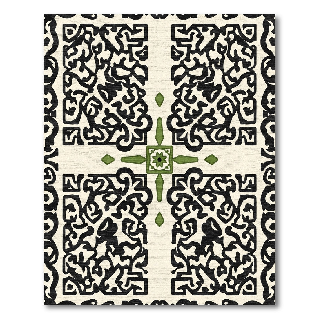 Cream Black Green Ornate Tile Rug