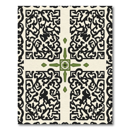 Cream Black Green Ornate Tile Rug