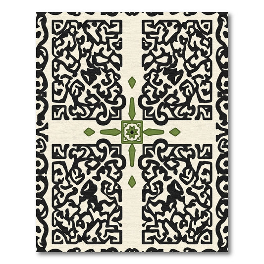 Cream Black Green Ornate Tile Rug