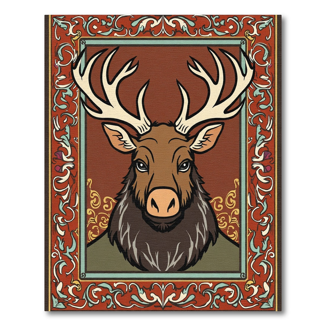 Rustic Deer With Ornate Red Border Rug