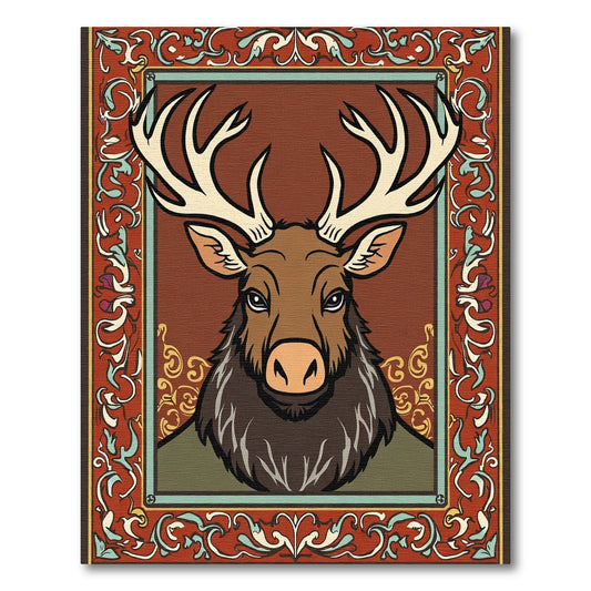 Rustic Deer With Ornate Red Border Rug