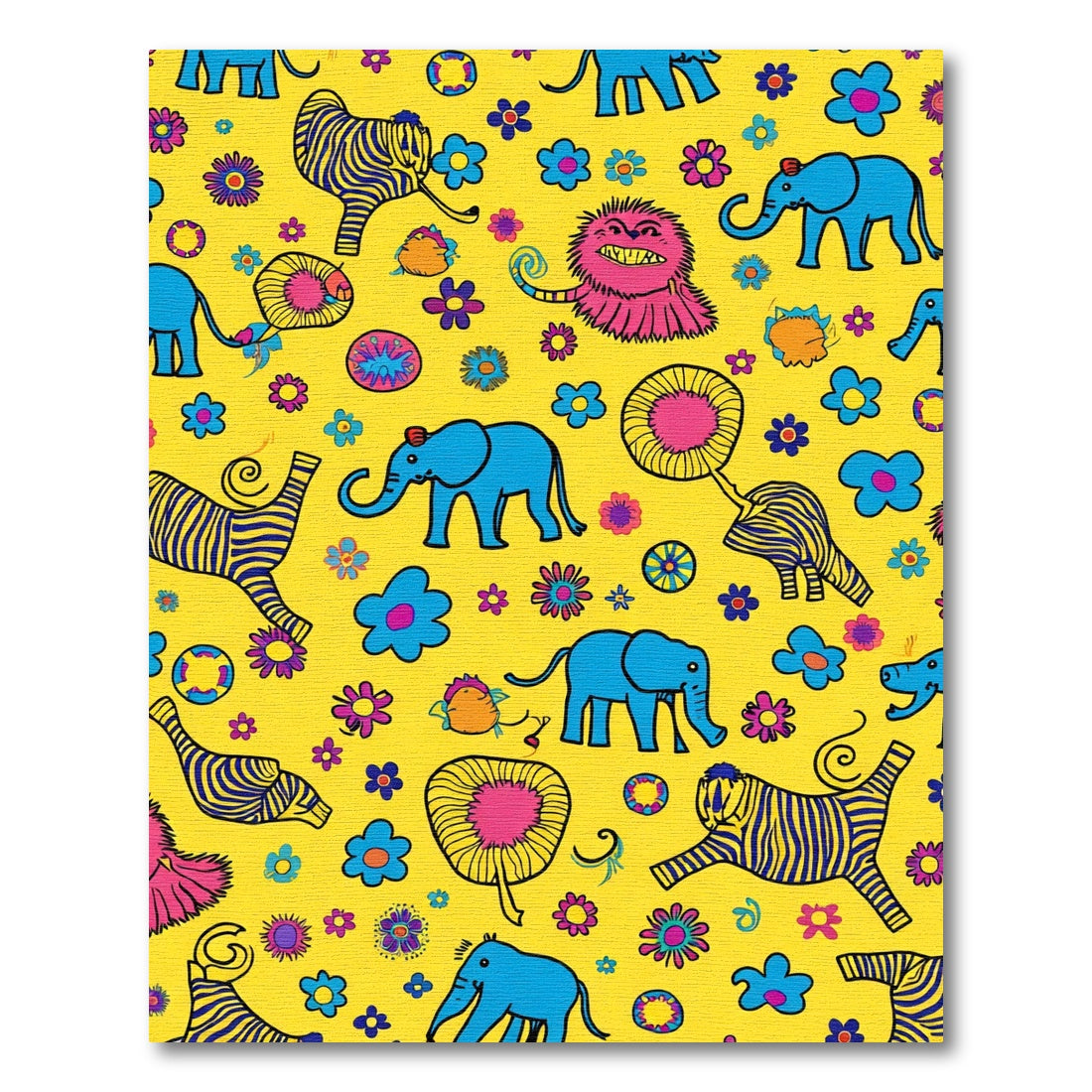 Vibrant Yellow Elephants Floral Whimsical Friends Rug