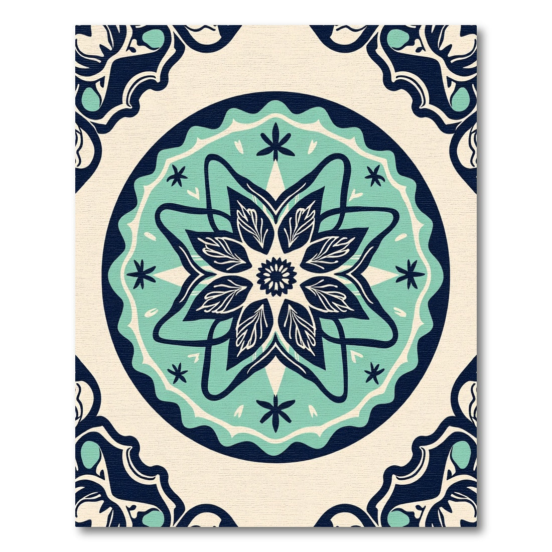Navy Teal Cream Floral Medallion Rug