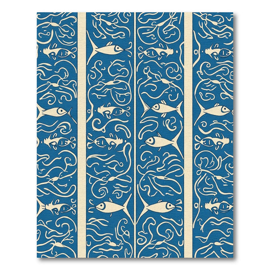 Marine Blue Ivory Fish Swirls Rug