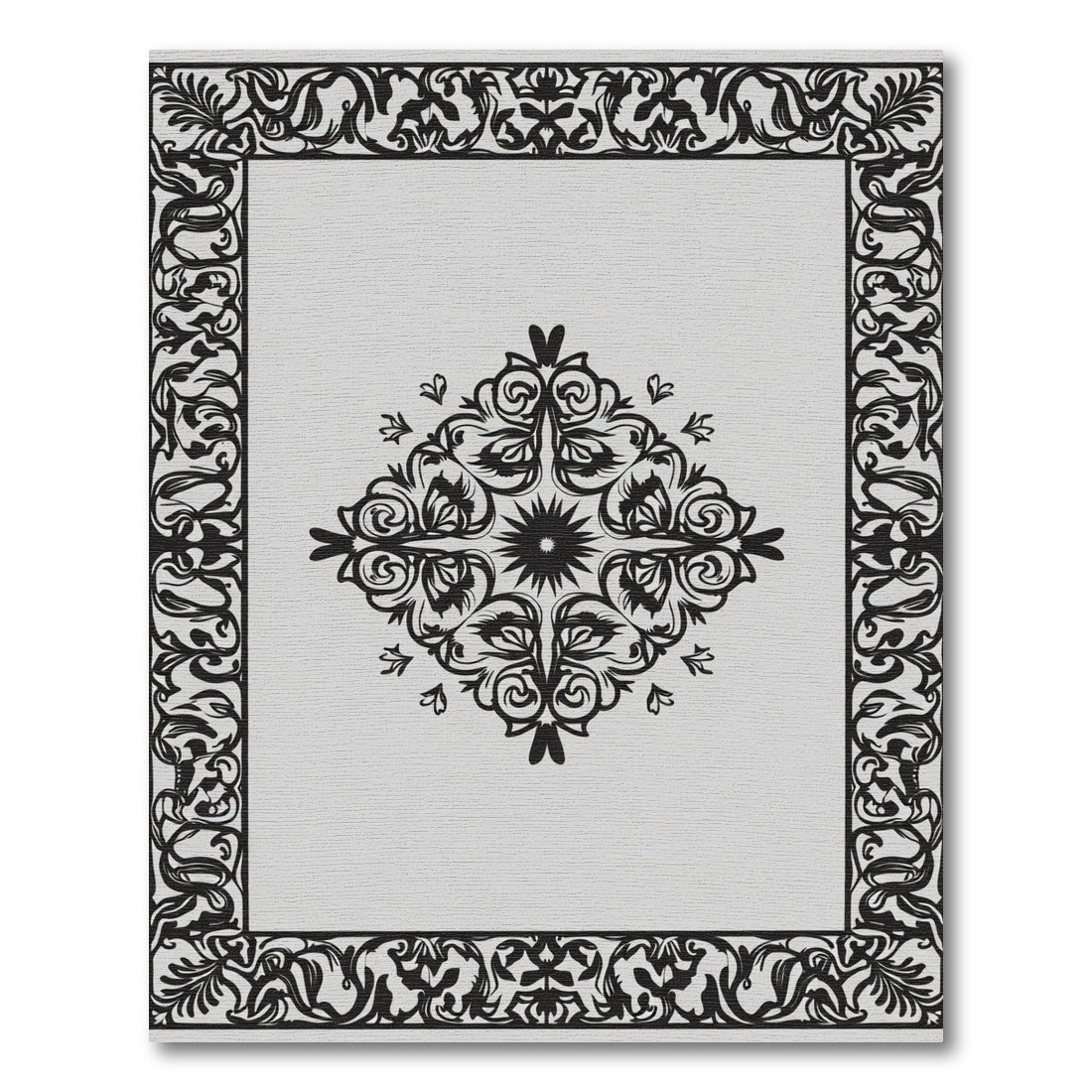 Black White Floral Scroll Medallion Rug