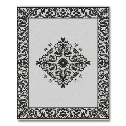 Black White Floral Scroll Medallion Rug