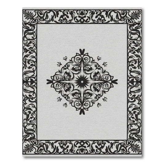 Black White Floral Scroll Medallion Rug
