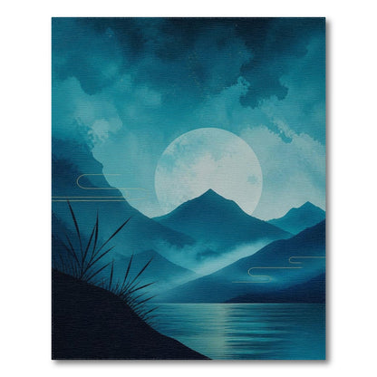 Blue Teal Moonlit Mountains Washable Area Rug