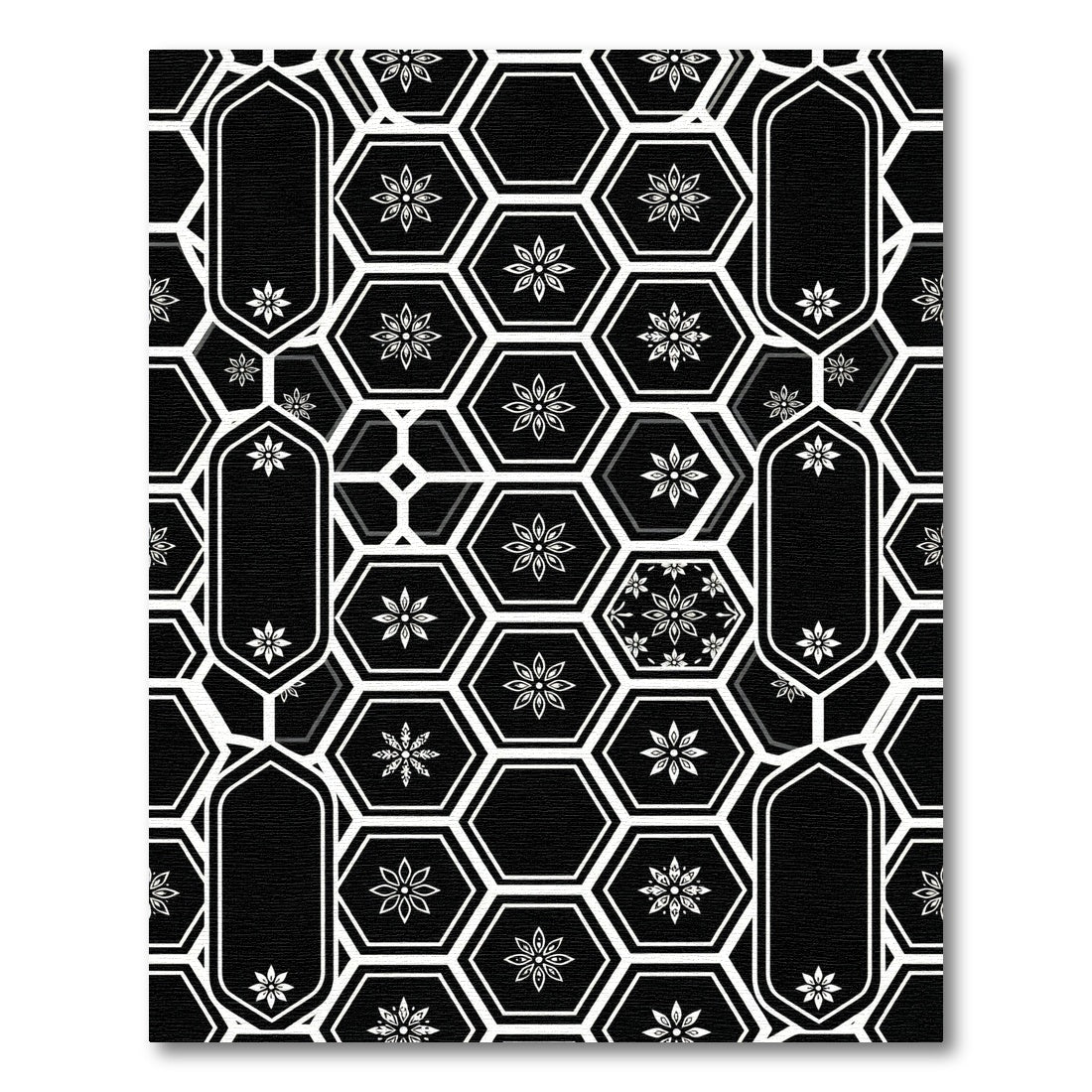 Black and White Geometric Hexagon Floral Rug