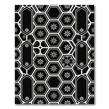 Black and White Geometric Hexagon Floral Rug