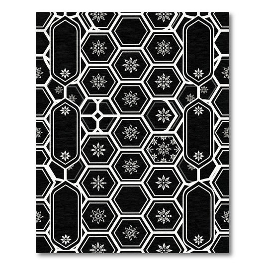 Black and White Geometric Hexagon Floral Rug