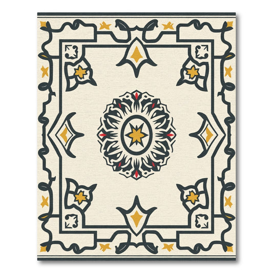 Dark Yellow Red Central Medallion Border Rug
