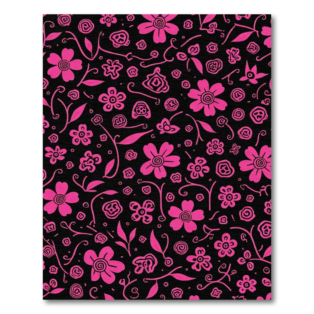 Hot Pink Floral Vines Black Background Rug