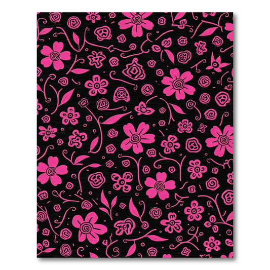 Hot Pink Floral Vines Black Background Rug