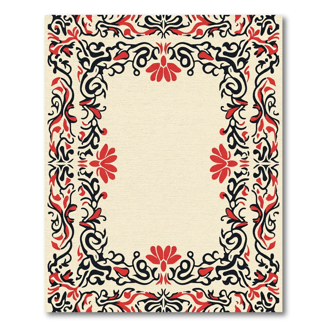 Crimson Black Floral Scroll Border Rug
