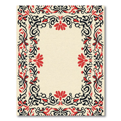 Crimson Black Floral Scroll Border Rug